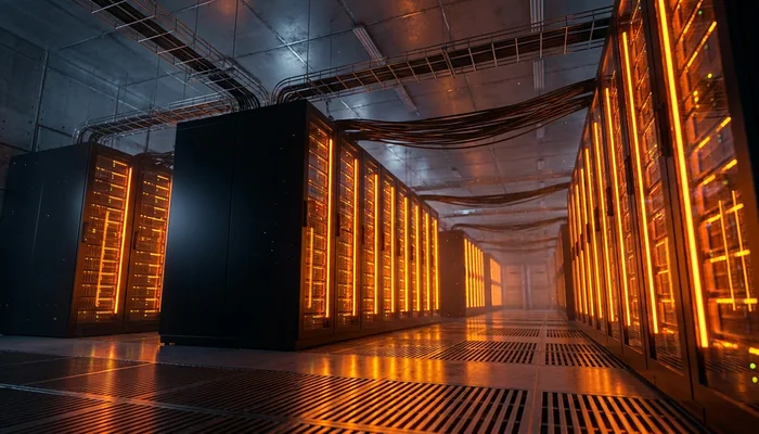 Corredor de um data center moderno com luzes laranjas indicando alto processamento