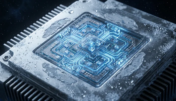 Detalhe fotorrealista de um chip de computador em um ambiente espacial, com elementos de resfriamento visíveis.