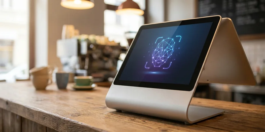 Terminal de pagamento moderno em um balcão de café exibindo um ícone abstrato de biometria facial.