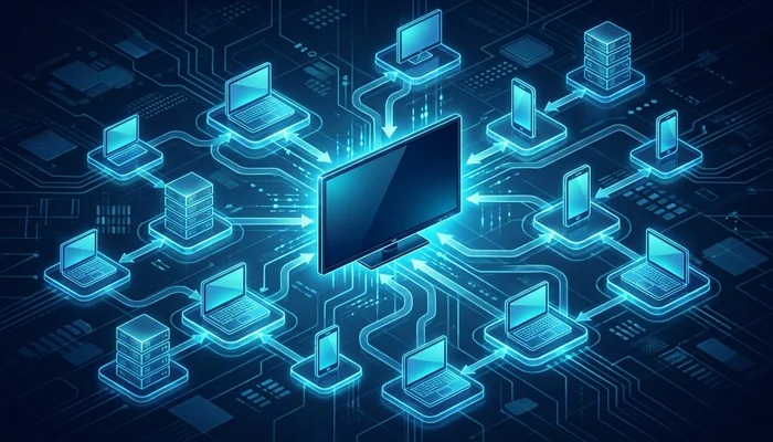 Ilustração conceitual de uma TV conectada a uma rede digital, extraindo dados de outros dispositivos.