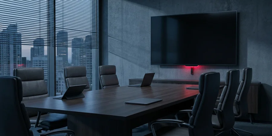 Sala de reunião corporativa com uma TV desligada emitindo uma luz vermelha sutil, simbolizando escuta.