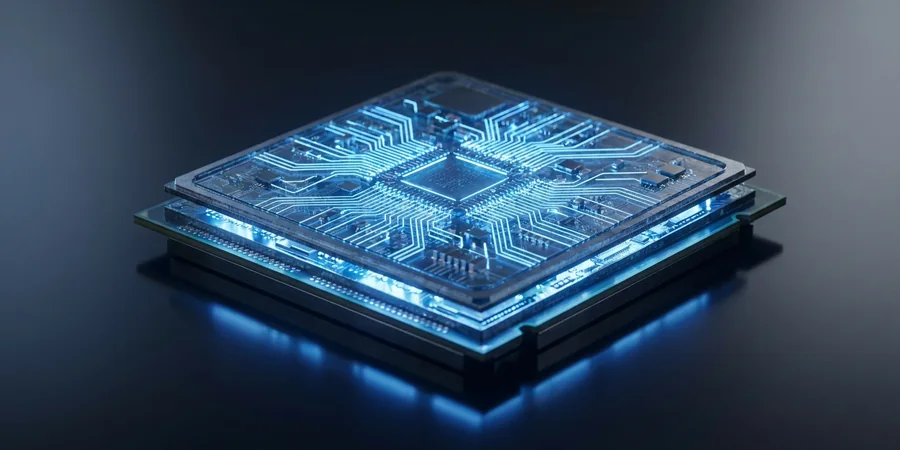 Fotografia macro de um microchip moderno sobre uma superfície de vidro escuro com circuitos brilhantes.