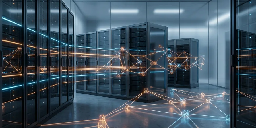 Servidores modernos e nós digitais brilhantes representando a infraestrutura financeira em blockchain