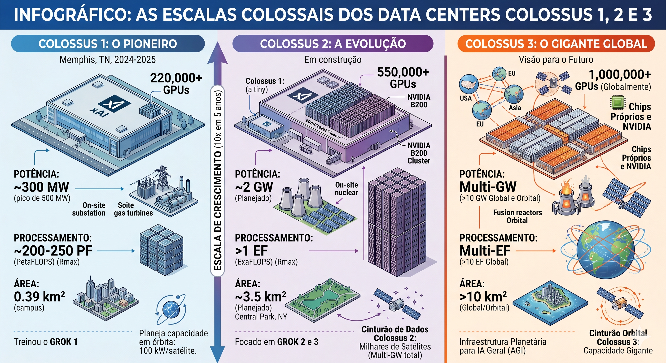 Infográfico mostrando as escalas colossais de consumo de energia e processamento dos data centers Colossus 1, 2 e 3.