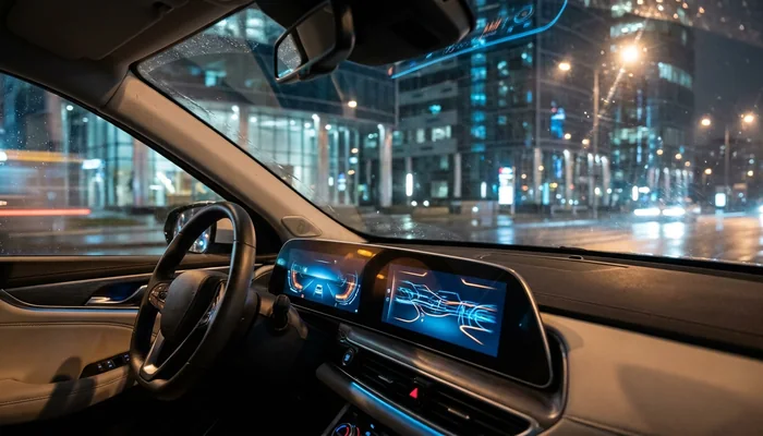 Interior de um veículo autônomo operando à noite sem motorista.