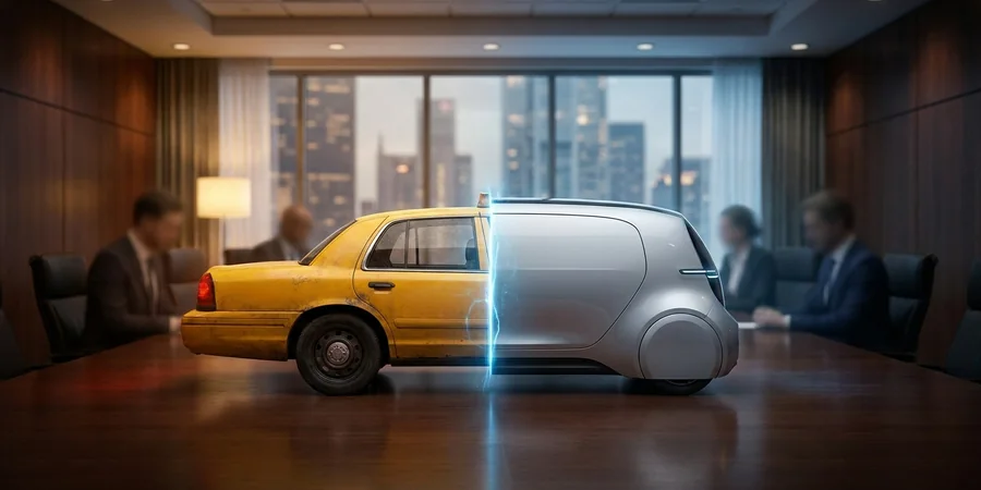 Ilustração conceitual dividindo um carro tradicional e um veículo autônomo com uma linha brilhante.