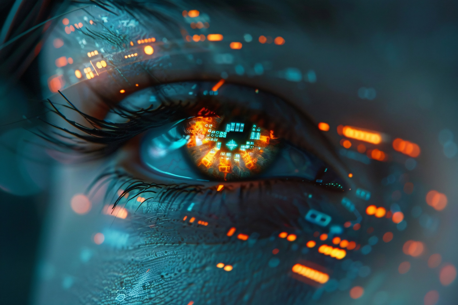 Um olho totalmente tecnologico com luzes e reflexos laranjas e azuis.